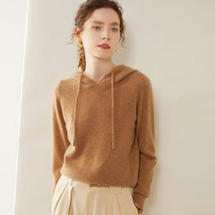 Women’s 100% Cashmere Knit Fit Pullover Sweater Knit Hoodie with Drawstring