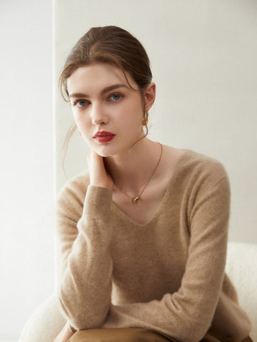 Women’s 100% Cashmere Soft Minimalist V-Neck Knit Pullover Sweater