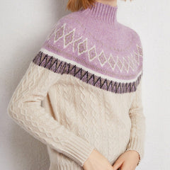 Women’s Soft 100% Cashmere Cable Knit Fair Isle Pattern Turtleneck Sweater