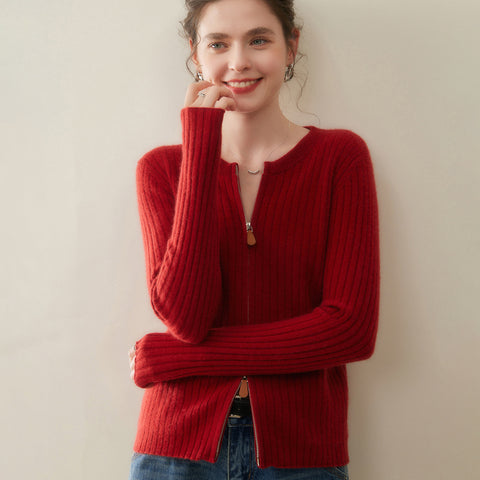 Women’s Cashmere Slim Fit Round Neck Knit Top Ribbed Zip Cardigan Sweater