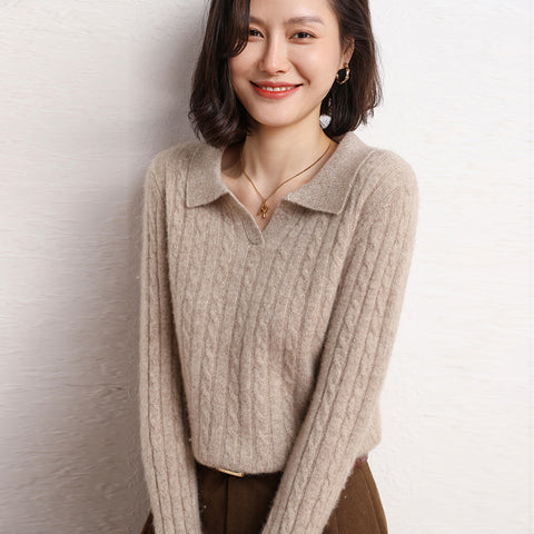 Women’s Soft 100% Cashmere Cable Knit Polo Collar Sweater Lightweight Pullover Top