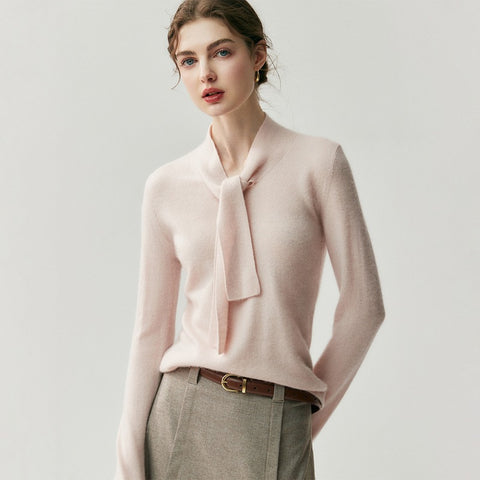 Elegant Soft Knit Women’s Cashmere Tie Neck Pullover Sweater