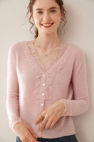 100% Cashmere Lace Trim V-Neck Button Front Cardigan Soft Knit Sweater Top