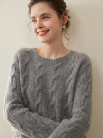 100% Cashmere Cable Knit Crew Neck Relaxed Fit Pullover Sweater with Ribbed Cuffs