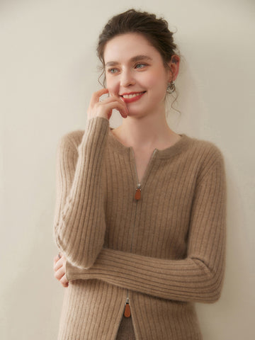 Women’s Cashmere Slim Fit Round Neck Knit Top Ribbed Zip Cardigan Sweater
