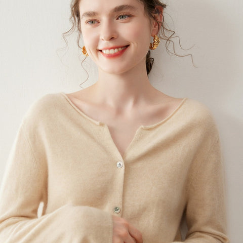 Women’s Cashmere Soft Round Neck Knit Sweater Button-front Loose Cardigan