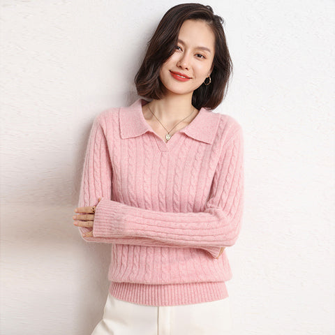 Women’s Soft 100% Cashmere Cable Knit Polo Collar Sweater Lightweight Pullover Top