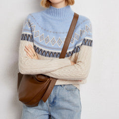 Women’s Soft 100% Cashmere Cable Knit Fair Isle Pattern Turtleneck Sweater