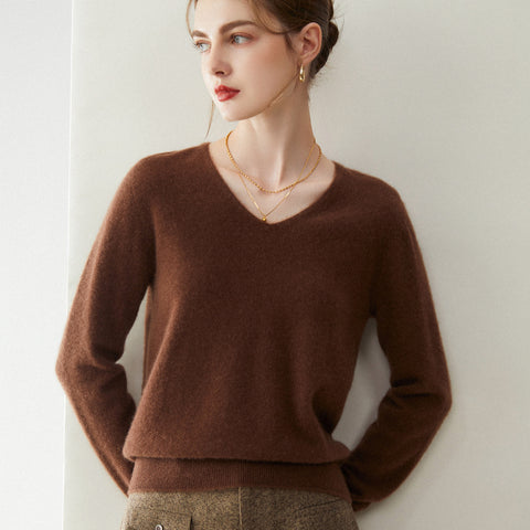 Women’s 100% Cashmere Soft Minimalist V-Neck Knit Pullover Sweater