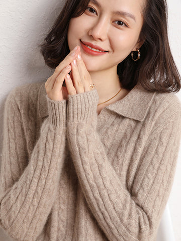 Women’s Soft 100% Cashmere Cable Knit Polo Collar Sweater Lightweight Pullover Top