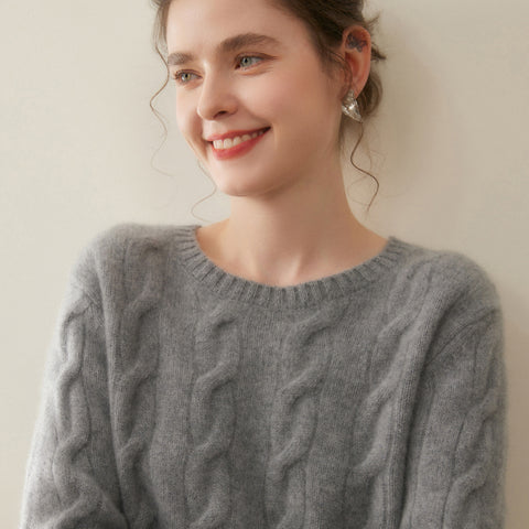 100% Cashmere Cable Knit Crew Neck Relaxed Fit Pullover Sweater with Ribbed Cuffs