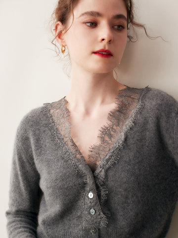 100% Cashmere Lace Trim V-Neck Button Front Cardigan Soft Knit Sweater Top