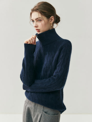 100% Cashmere Half-Zip Turtleneck Sweater Ribbed Knit Pullover with High Collar