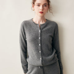 100% Cashmere Crew Neck Button Front Cardigan Fine Knit Ribbed Hem Sweater