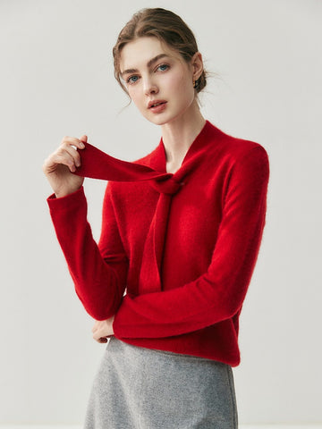 Elegant Soft Knit Women’s Cashmere Tie Neck Pullover Sweater