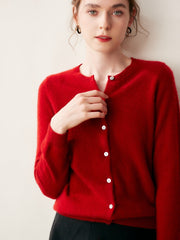 100% Cashmere Crew Neck Button Front Cardigan Fine Knit Ribbed Hem Sweater
