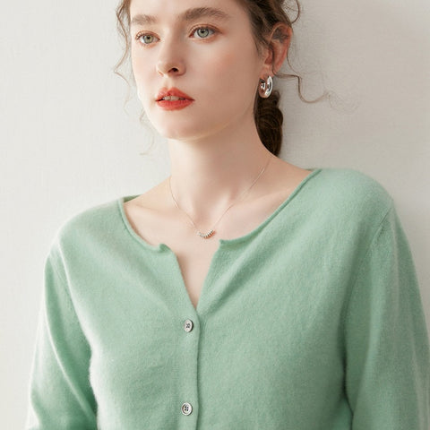 Women’s Cashmere Soft Round Neck Knit Sweater Button-front Loose Cardigan