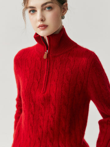 100% Cashmere Half-Zip Turtleneck Sweater Ribbed Knit Pullover with High Collar