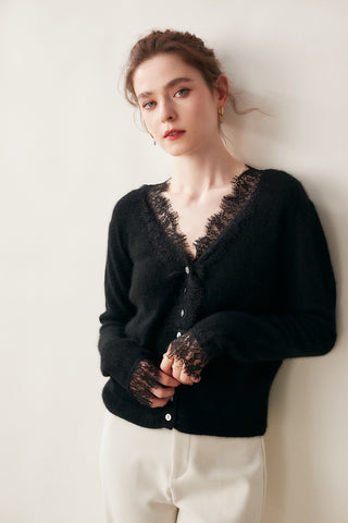 100% Cashmere Lace Trim V-Neck Button Front Cardigan Soft Knit Sweater Top