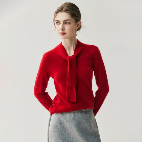 Elegant Soft Knit Women’s Cashmere Tie Neck Pullover Sweater