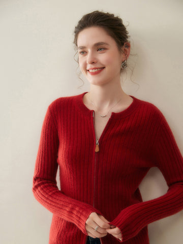 Women’s Cashmere Slim Fit Round Neck Knit Top Ribbed Zip Cardigan Sweater