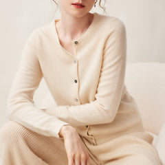 100% Cashmere Crew Neck Button Front Cardigan Fine Knit Ribbed Hem Sweater