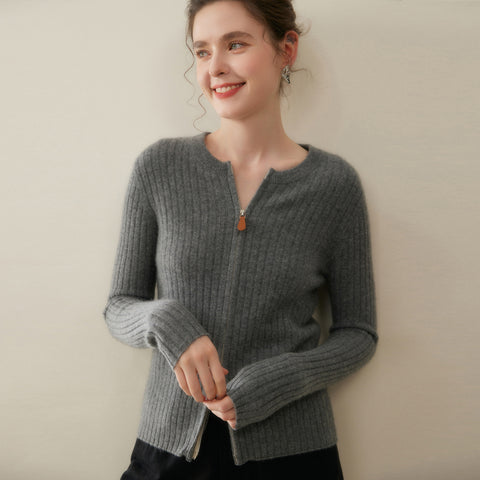 Women’s Cashmere Slim Fit Round Neck Knit Top Ribbed Zip Cardigan Sweater