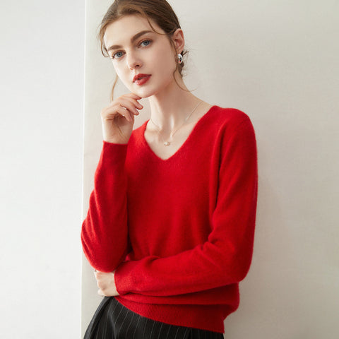 Women’s 100% Cashmere Soft Minimalist V-Neck Knit Pullover Sweater
