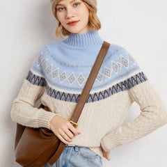 Women’s Soft 100% Cashmere Cable Knit Fair Isle Pattern Turtleneck Sweater