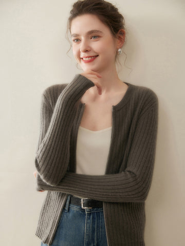 Women’s Cashmere Slim Fit Round Neck Knit Top Ribbed Zip Cardigan Sweater