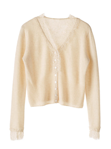 100% Cashmere Lace Trim V-Neck Button Front Cardigan Soft Knit Sweater Top