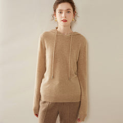 Women’s 100% Cashmere Knit Fit Pullover Sweater Knit Hoodie with Drawstring