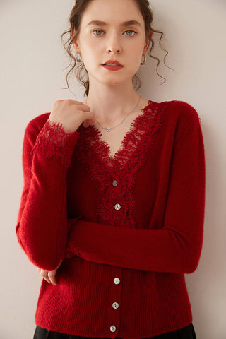100% Cashmere Lace Trim V-Neck Button Front Cardigan Soft Knit Sweater Top