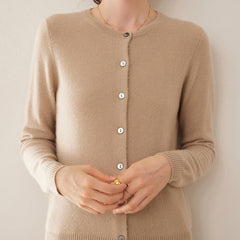 100% Cashmere Crew Neck Button Front Cardigan Fine Knit Ribbed Hem Sweater