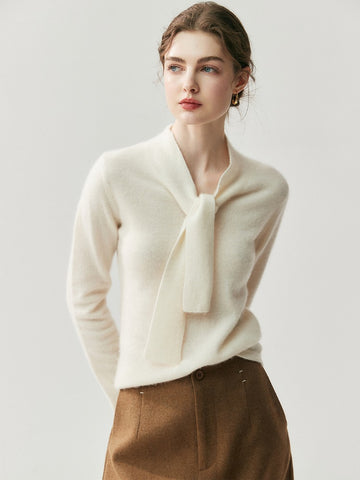 Elegant Soft Knit Women’s Cashmere Tie Neck Pullover Sweater