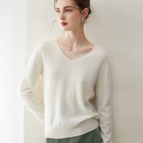 Women’s 100% Cashmere Soft Minimalist V-Neck Knit Pullover Sweater
