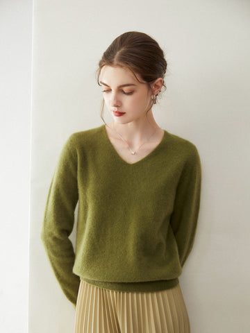 Women’s 100% Cashmere Soft Minimalist V-Neck Knit Pullover Sweater