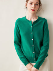 100% Cashmere Crew Neck Button Front Cardigan Fine Knit Ribbed Hem Sweater