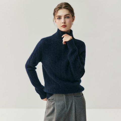 100% Cashmere Half-Zip Turtleneck Sweater Ribbed Knit Pullover with High Collar