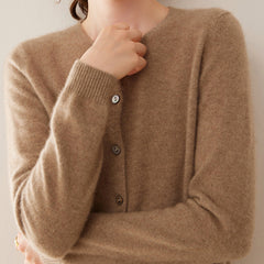 100% Cashmere Crew Neck Button Front Cardigan Fine Knit Ribbed Hem Sweater