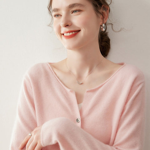 Women’s Cashmere Soft Round Neck Knit Sweater Button-front Loose Cardigan