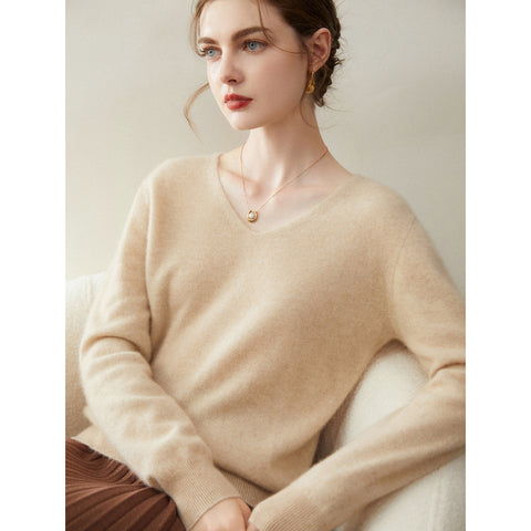 Women’s 100% Cashmere Soft Minimalist V-Neck Knit Pullover Sweater