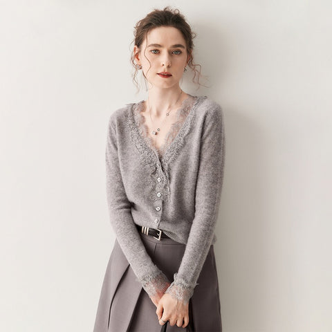 100% Cashmere Lace Trim V-Neck Button Front Cardigan Soft Knit Sweater Top
