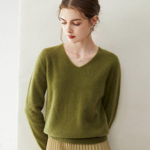 Women’s 100% Cashmere Soft Minimalist V-Neck Knit Pullover Sweater