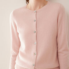100% Cashmere Crew Neck Button Front Cardigan Fine Knit Ribbed Hem Sweater