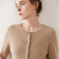 100% Cashmere Crew Neck Button Front Cardigan Fine Knit Ribbed Hem Sweater