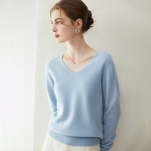 Women’s 100% Cashmere Soft Minimalist V-Neck Knit Pullover Sweater