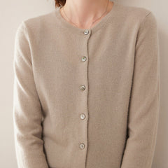 100% Cashmere Crew Neck Button Front Cardigan Fine Knit Ribbed Hem Sweater