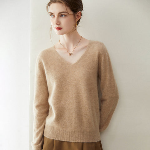 Women’s 100% Cashmere Soft Minimalist V-Neck Knit Pullover Sweater