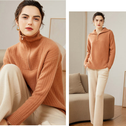 Women's 100% Pure Cashmere Sweater Half Turtleneck Autumn and Winter Zip Half Open Collar Warm Cashmere Sweater